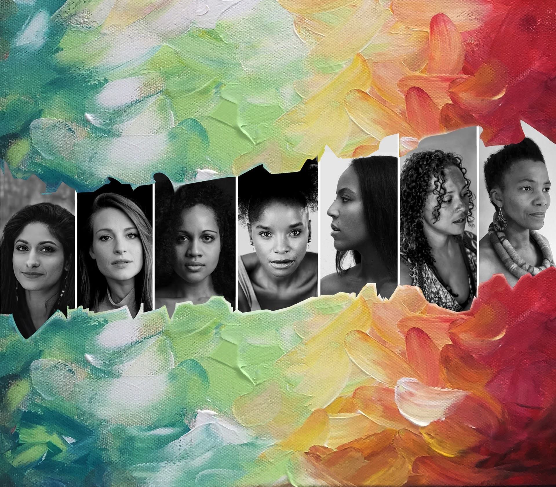 Production playbill for For Colored Girls with painterly colour fields and six portrait panels.